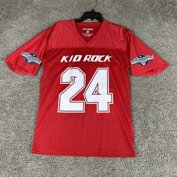 Kid Rock Jersey Shirt Mens Small Red 24 MAGA American Bad Ass Polyester Concert - Picture 1 of 10